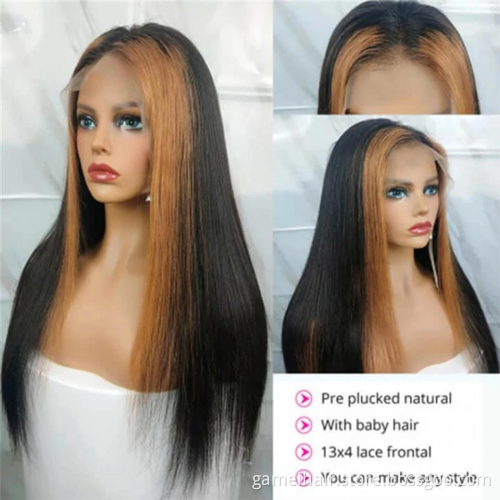 2021wholesale frontal custom wigs 100% human hair 13x4 Lace Front Wig Straight hair Honey Blonde Highlights Natural Hairline